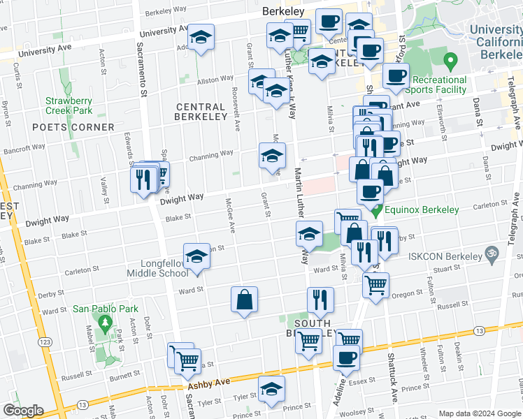 map of restaurants, bars, coffee shops, grocery stores, and more near 2540 Grant Street in Berkeley