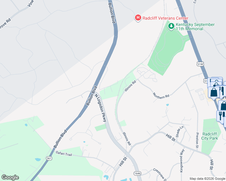 map of restaurants, bars, coffee shops, grocery stores, and more near 500 Innovation Way in Radcliff