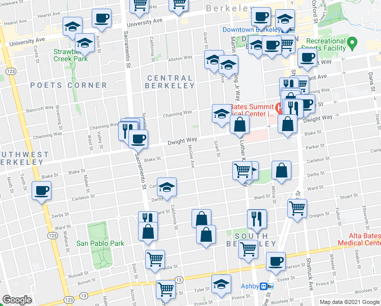 map of restaurants, bars, coffee shops, grocery stores, and more near Blake Street in Berkeley