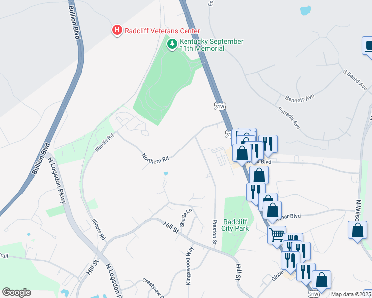 map of restaurants, bars, coffee shops, grocery stores, and more near 2602 Northern Road in Radcliff