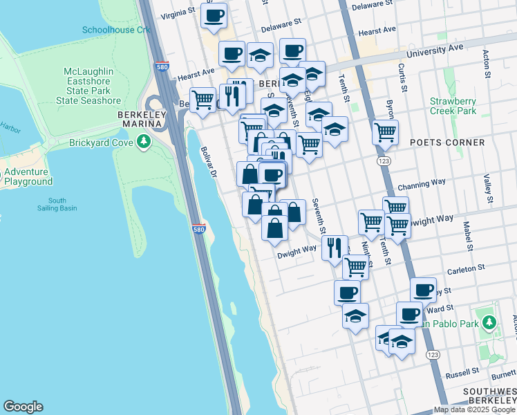 map of restaurants, bars, coffee shops, grocery stores, and more near 2380 Fourth Street in Berkeley