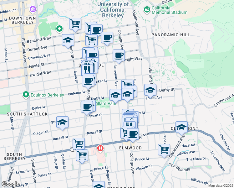 map of restaurants, bars, coffee shops, grocery stores, and more near 2703 Benvenue Avenue in Berkeley
