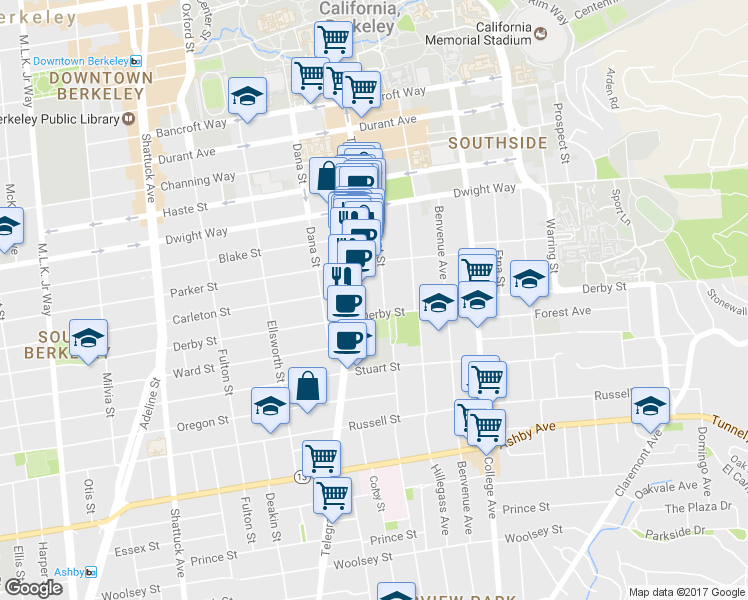 map of restaurants, bars, coffee shops, grocery stores, and more near 2447 Derby Street in Berkeley