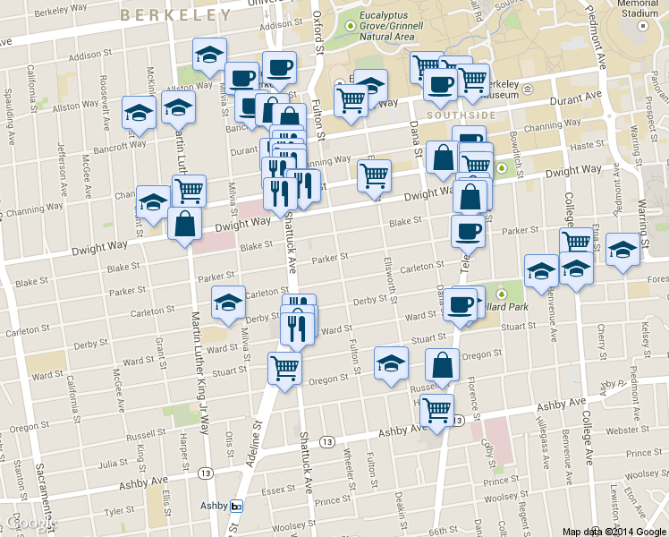 map of restaurants, bars, coffee shops, grocery stores, and more near 2140 Carleton Street in Berkeley