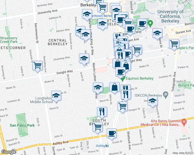 map of restaurants, bars, coffee shops, grocery stores, and more near 1918 Parker Street in Berkeley