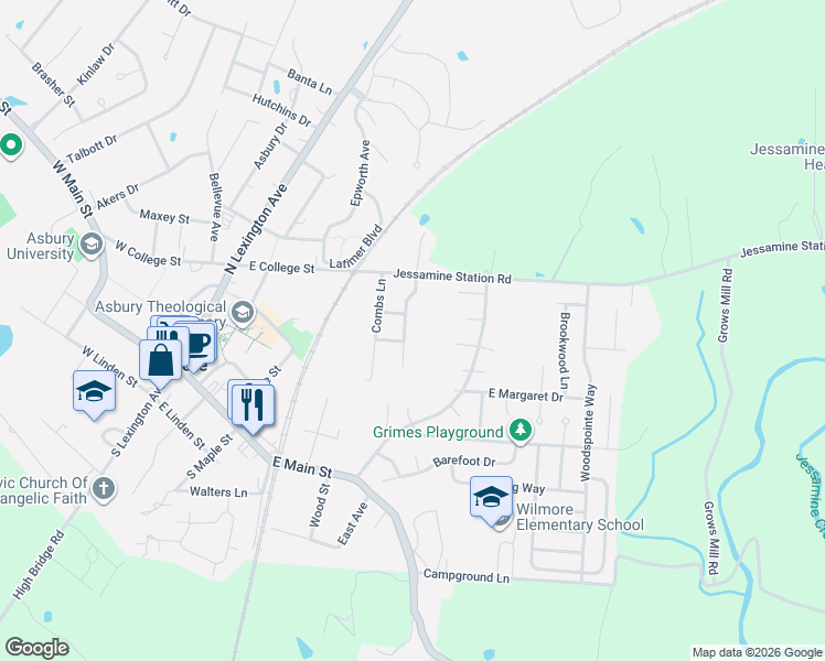 map of restaurants, bars, coffee shops, grocery stores, and more near 140 Mockingbird Lane in Wilmore