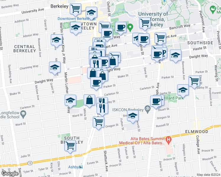 map of restaurants, bars, coffee shops, grocery stores, and more near 2124 Parker Street in Berkeley