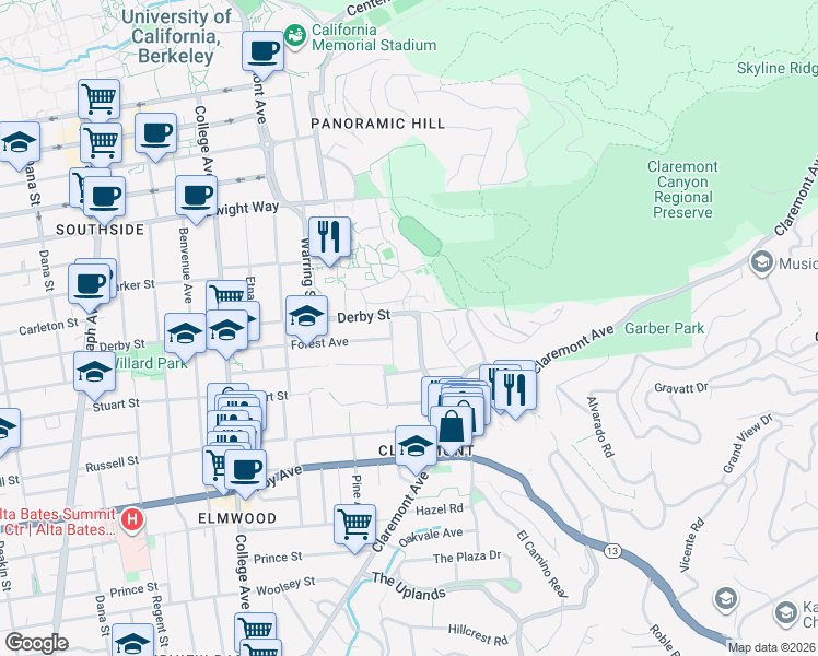 map of restaurants, bars, coffee shops, grocery stores, and more near 2728 Claremont Boulevard in Berkeley
