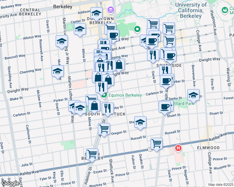 map of restaurants, bars, coffee shops, grocery stores, and more near 2124 Parker Street in Berkeley