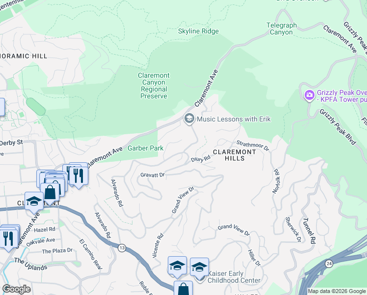 map of restaurants, bars, coffee shops, grocery stores, and more near 1032 Alvarado Road in Berkeley
