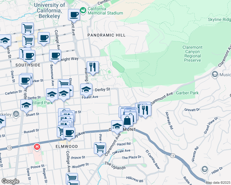 map of restaurants, bars, coffee shops, grocery stores, and more near 2728 Claremont Boulevard in Berkeley