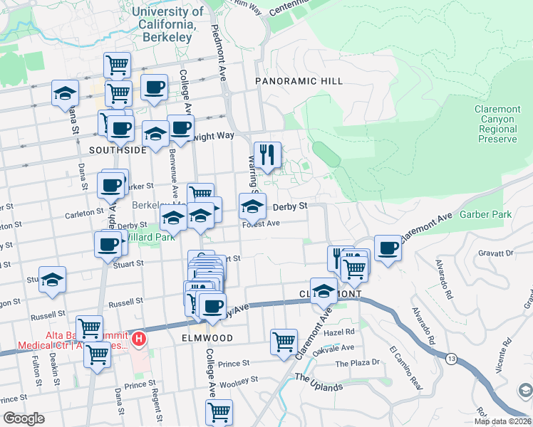 map of restaurants, bars, coffee shops, grocery stores, and more near 2824 Forest Avenue in Berkeley