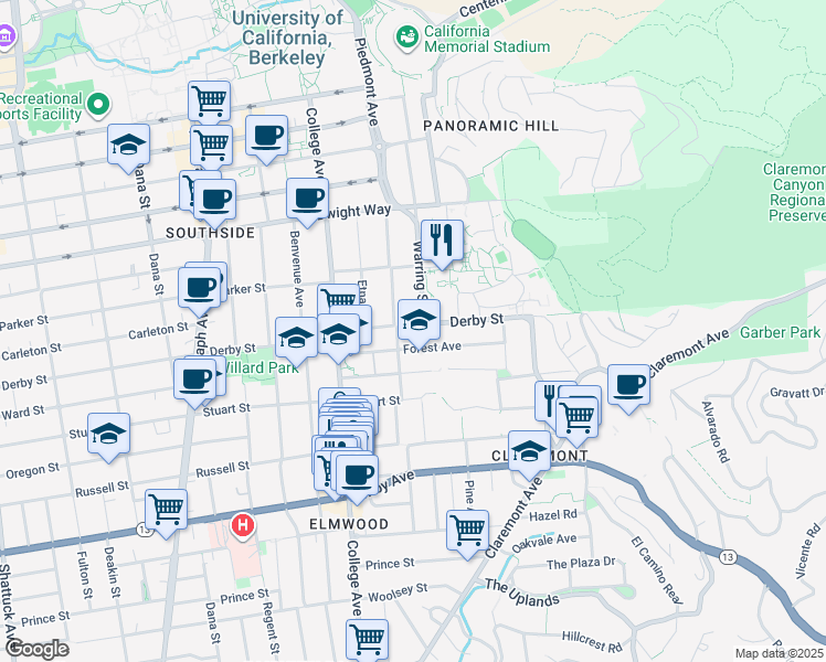map of restaurants, bars, coffee shops, grocery stores, and more near 2824 Forest Avenue in Berkeley