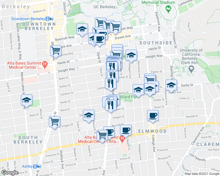 map of restaurants, bars, coffee shops, grocery stores, and more near 2650 Telegraph Avenue in Berkeley