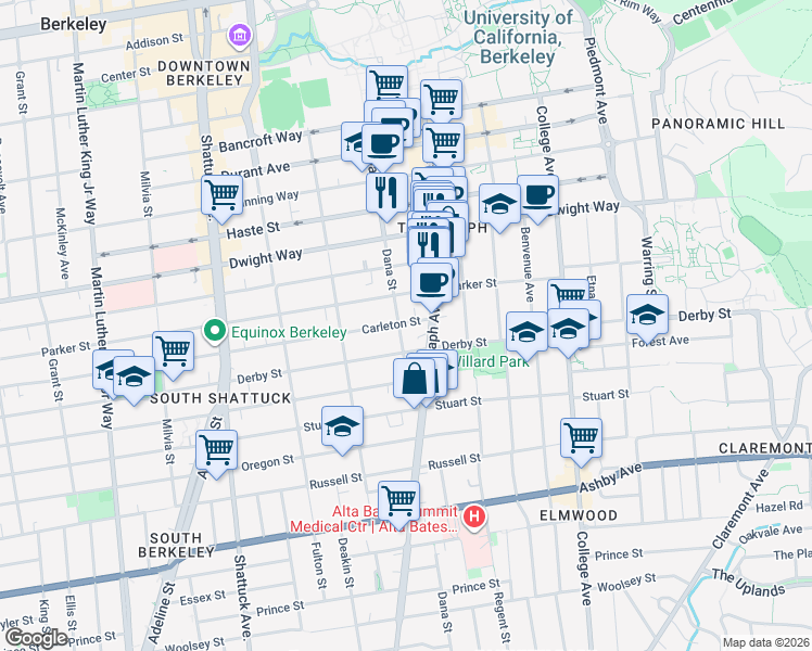 map of restaurants, bars, coffee shops, grocery stores, and more near 2341 Derby Street in Berkeley