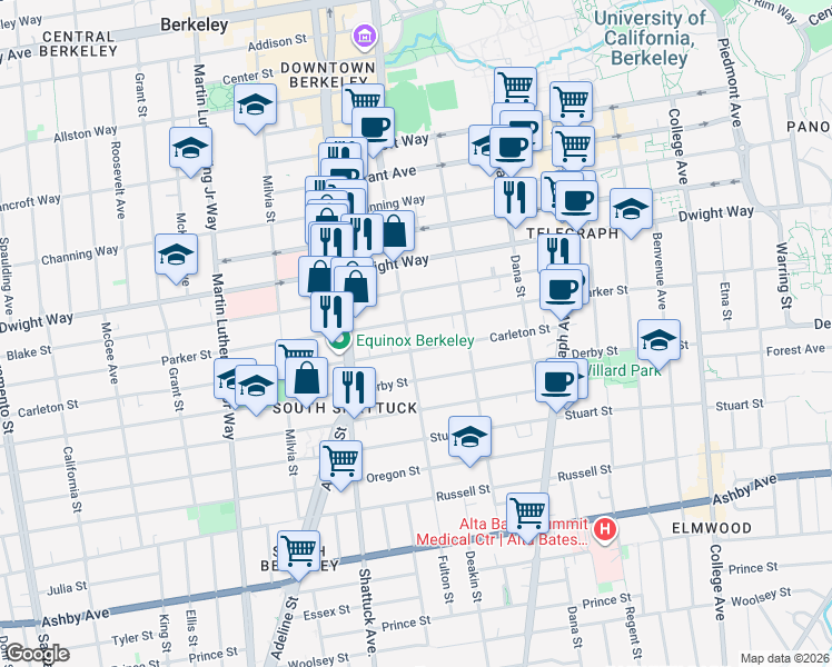 map of restaurants, bars, coffee shops, grocery stores, and more near 2140 Carleton Street in Berkeley