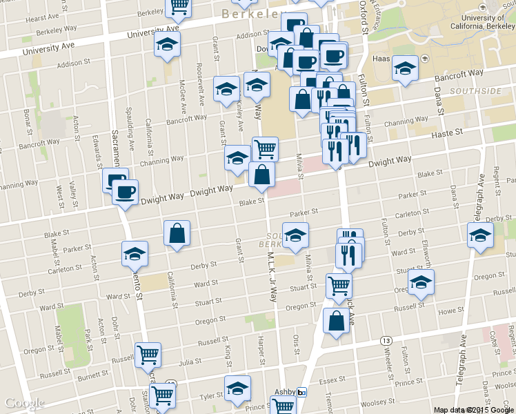 map of restaurants, bars, coffee shops, grocery stores, and more near 1831 Parker Street in Berkeley