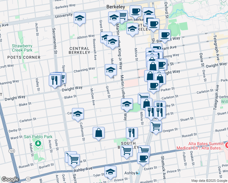 map of restaurants, bars, coffee shops, grocery stores, and more near 2540 Grant Street in Berkeley