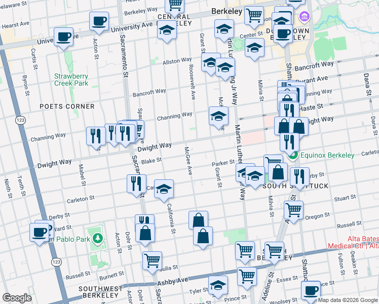 map of restaurants, bars, coffee shops, grocery stores, and more near 1715 Parker Street in Berkeley