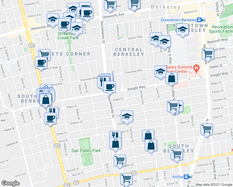 map of restaurants, bars, coffee shops, grocery stores, and more near 1515a Blake Street in Berkeley