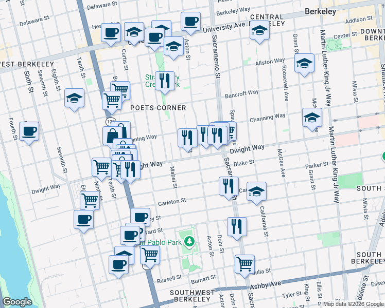 map of restaurants, bars, coffee shops, grocery stores, and more near 2509 Acton Street in Berkeley