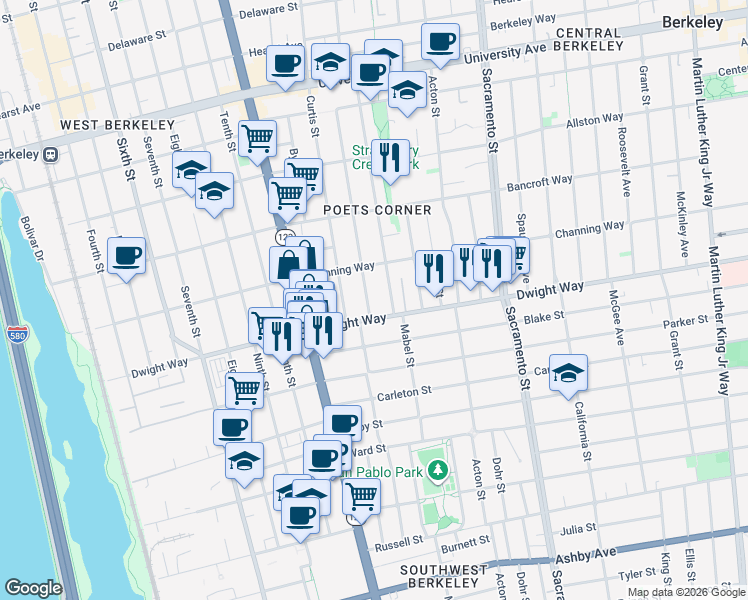 map of restaurants, bars, coffee shops, grocery stores, and more near in Berkeley
