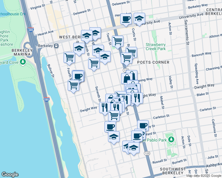 map of restaurants, bars, coffee shops, grocery stores, and more near 2425 Ninth Street in Berkeley