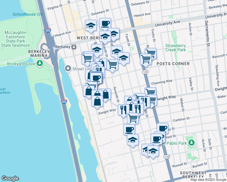 map of restaurants, bars, coffee shops, grocery stores, and more near in Berkeley