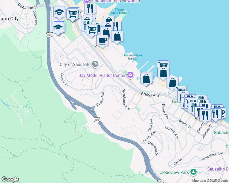 map of restaurants, bars, coffee shops, grocery stores, and more near in Sausalito