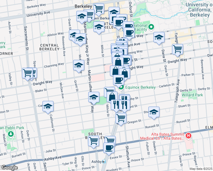 map of restaurants, bars, coffee shops, grocery stores, and more near 2545 Milvia Street in Berkeley