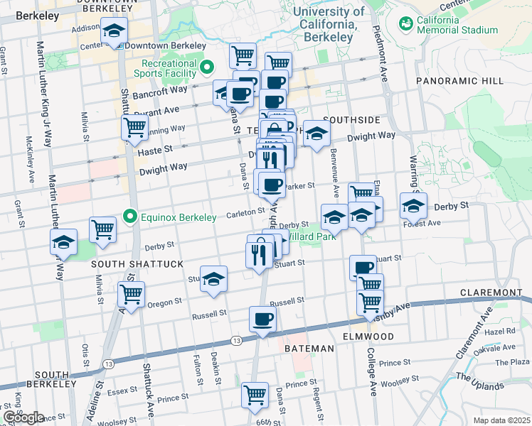 map of restaurants, bars, coffee shops, grocery stores, and more near 2628 Telegraph Avenue in Berkeley