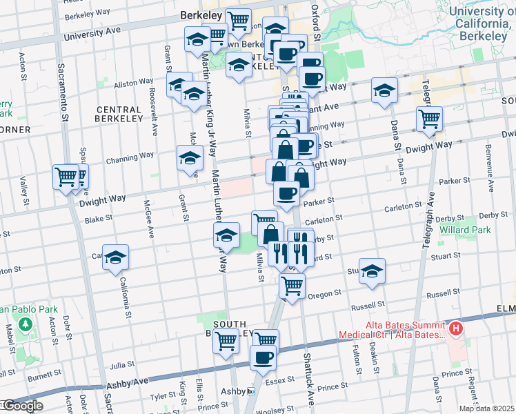 map of restaurants, bars, coffee shops, grocery stores, and more near 2545 Milvia Street in Berkeley