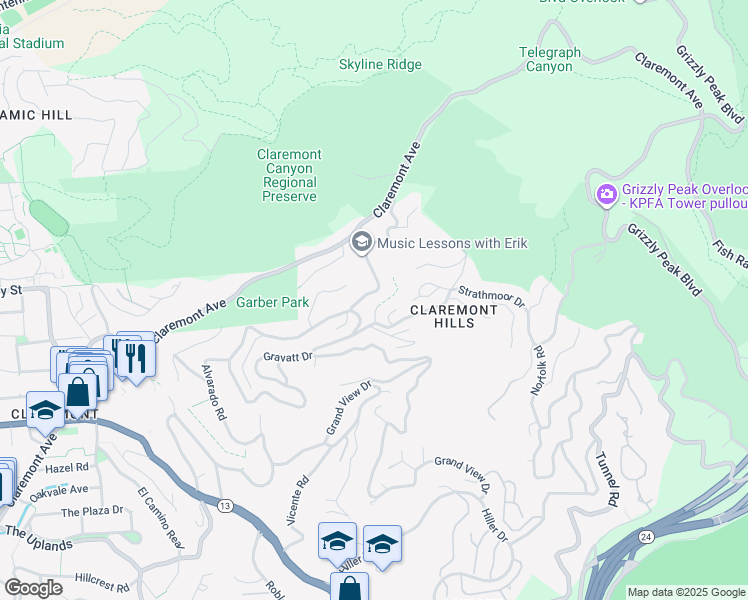 map of restaurants, bars, coffee shops, grocery stores, and more near 25 Dartmouth Drive in Berkeley
