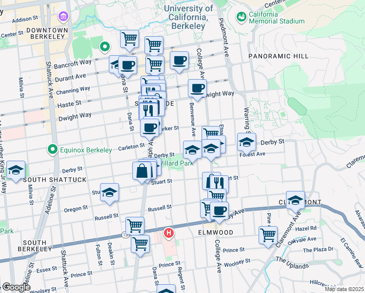 map of restaurants, bars, coffee shops, grocery stores, and more near 2633 Hillegass Avenue in Berkeley