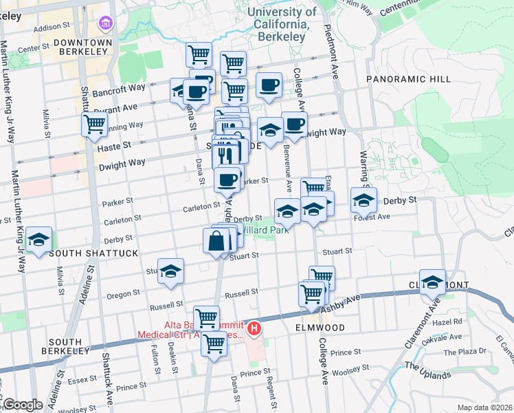 map of restaurants, bars, coffee shops, grocery stores, and more near 2447 Derby Street in Berkeley
