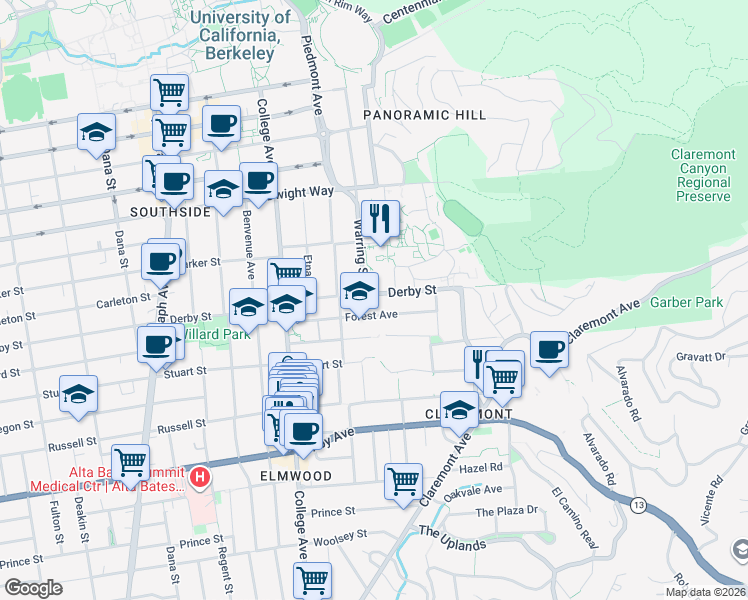 map of restaurants, bars, coffee shops, grocery stores, and more near 2824 Forest Avenue in Berkeley