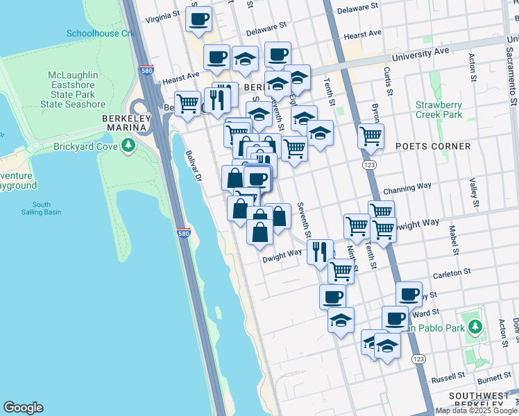 map of restaurants, bars, coffee shops, grocery stores, and more near 2380 Fourth Street in Berkeley