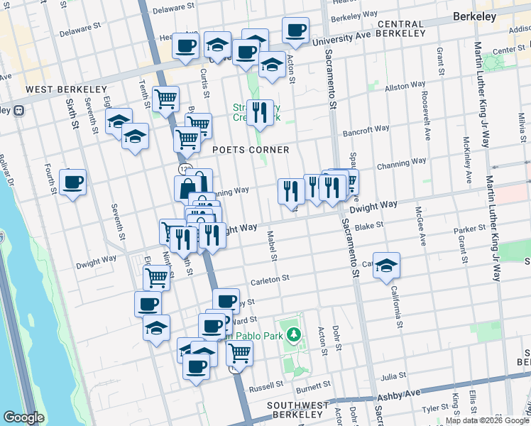 map of restaurants, bars, coffee shops, grocery stores, and more near 2435 Bonar Street in Berkeley