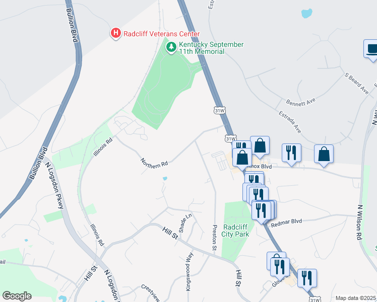 map of restaurants, bars, coffee shops, grocery stores, and more near 2602-2604 Northern Road in Radcliff