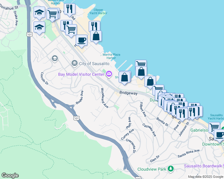 map of restaurants, bars, coffee shops, grocery stores, and more near in Sausalito