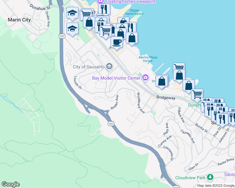 map of restaurants, bars, coffee shops, grocery stores, and more near 108 Rodeo Avenue in Sausalito