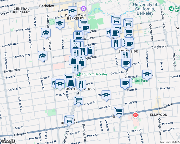 map of restaurants, bars, coffee shops, grocery stores, and more near 2140 Carleton Street in Berkeley