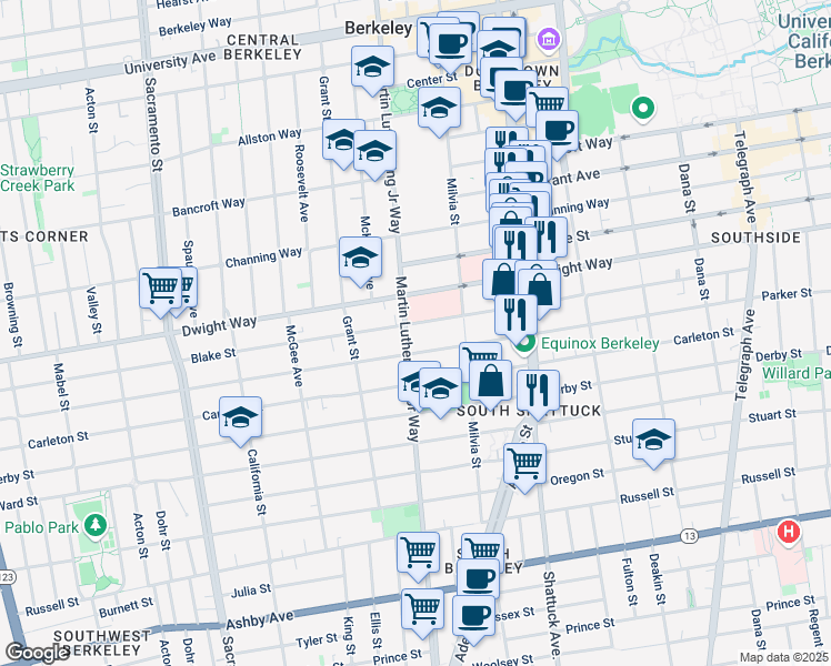 map of restaurants, bars, coffee shops, grocery stores, and more near 1918 Parker Street in Berkeley