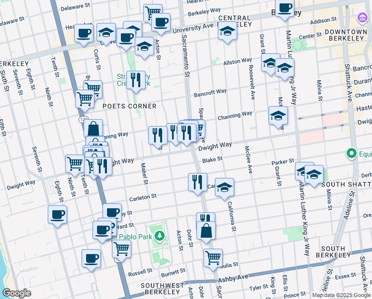 map of restaurants, bars, coffee shops, grocery stores, and more near 1495 Blake Street in Berkeley