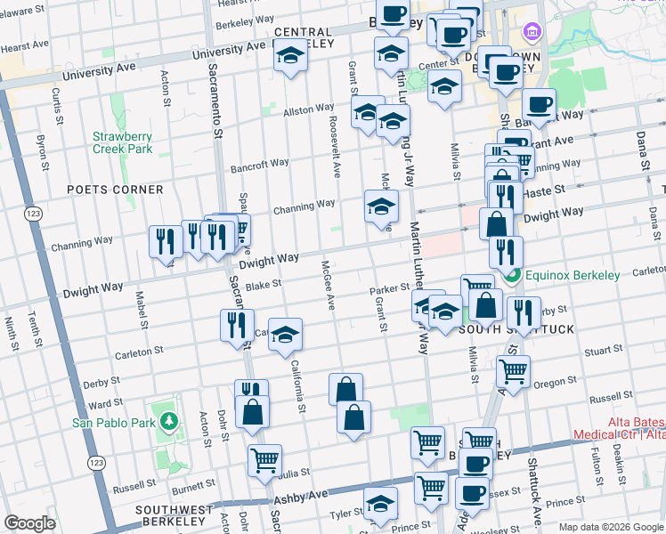 map of restaurants, bars, coffee shops, grocery stores, and more near 1715 Parker Street in Berkeley
