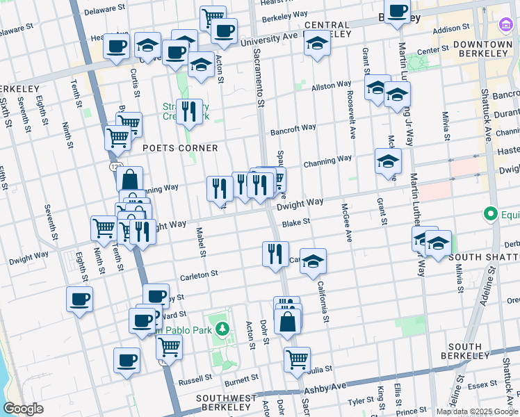 map of restaurants, bars, coffee shops, grocery stores, and more near 1495 Blake Street in Berkeley