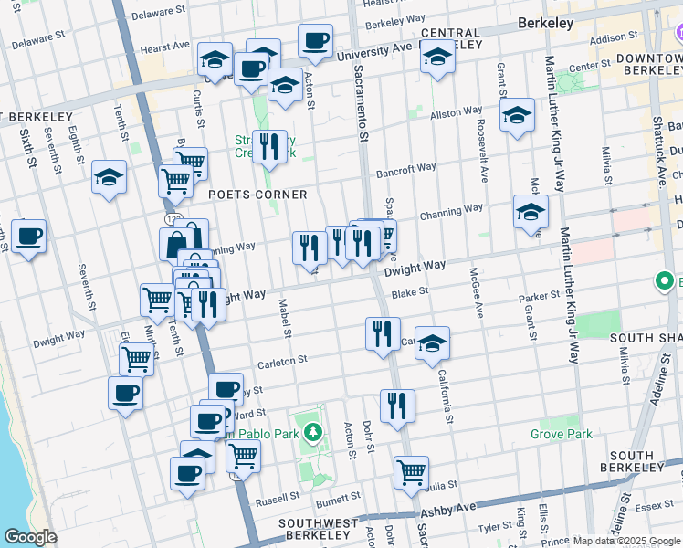 map of restaurants, bars, coffee shops, grocery stores, and more near 1431 Dwight Way in Berkeley
