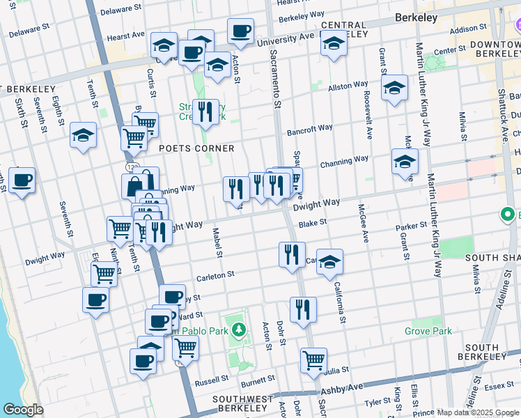 map of restaurants, bars, coffee shops, grocery stores, and more near 1431 Dwight Way in Berkeley