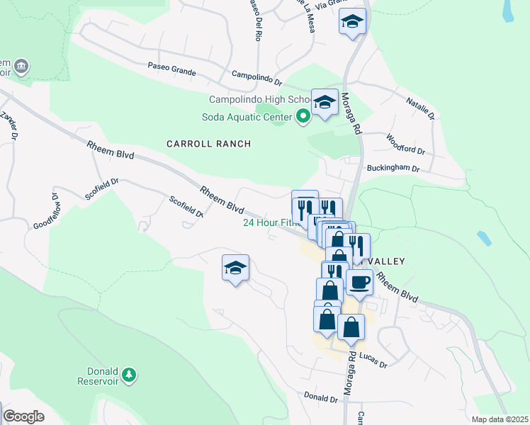 map of restaurants, bars, coffee shops, grocery stores, and more near 327 Rheem Boulevard in Moraga