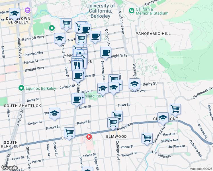 map of restaurants, bars, coffee shops, grocery stores, and more near 2633 Benvenue Avenue in Berkeley